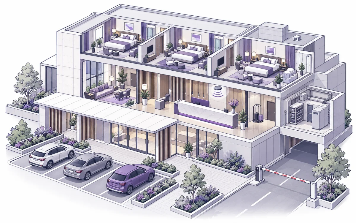 Illustrated hotel with guest rooms, reception and vehicle entry