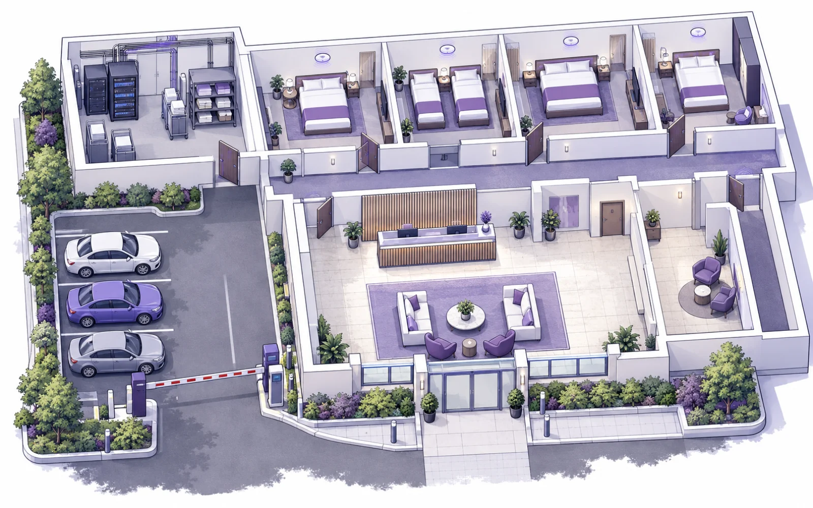 Concept hospitality plan showing parking, reception, guest rooms and services