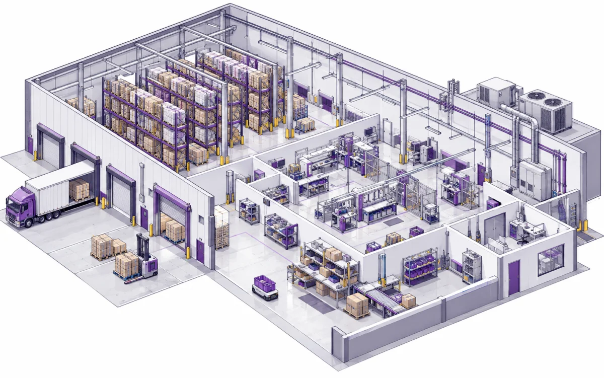 Illustrated factory and warehouse with production and logistics