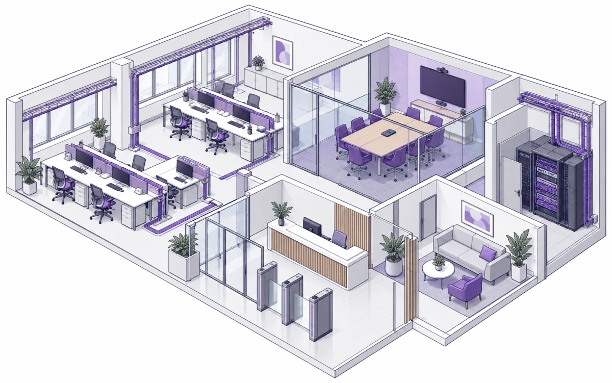 Illustrated office with workstations, meeting room and building systems