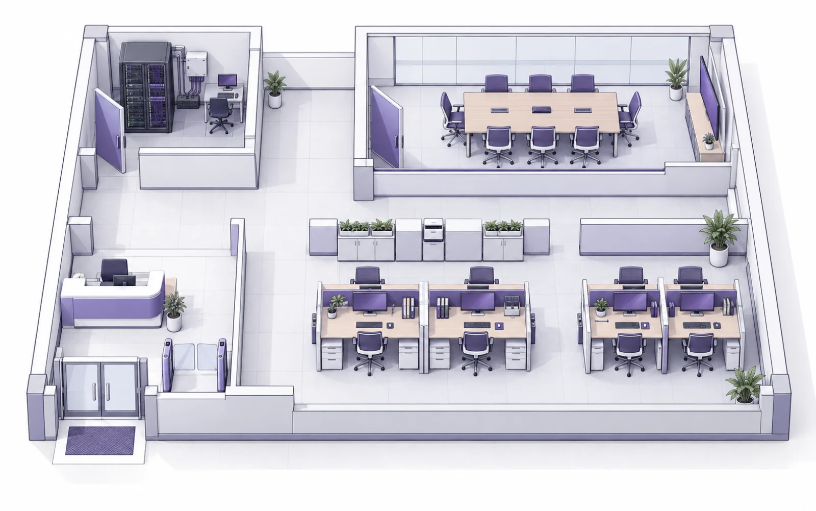 ผังสำนักงานจำลอง แสดงทางเข้า โต๊ะทำงาน ห้องประชุม และตู้เครือข่าย