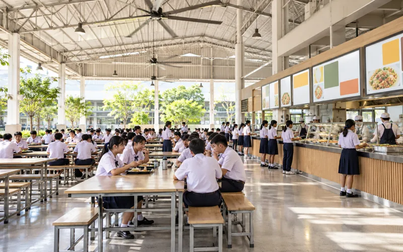 High-roof canteen and serving counter — illustrative setting