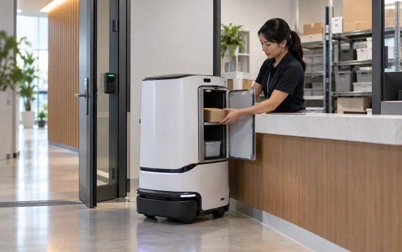 Enclosed delivery robot at a controlled collection point — illustrative setting