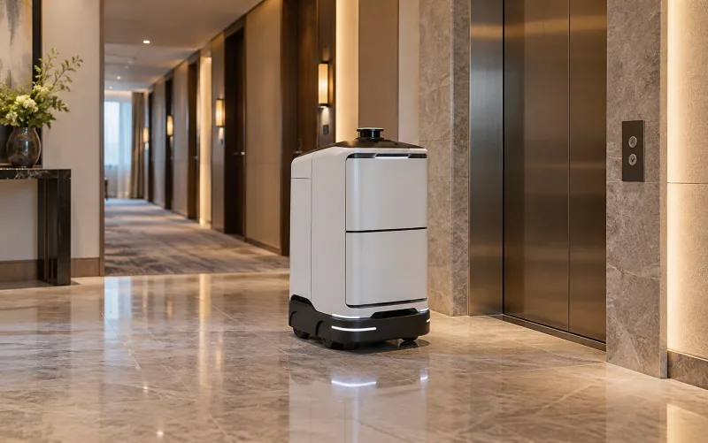 Enclosed delivery robot in a hotel lift lobby — illustrative setting