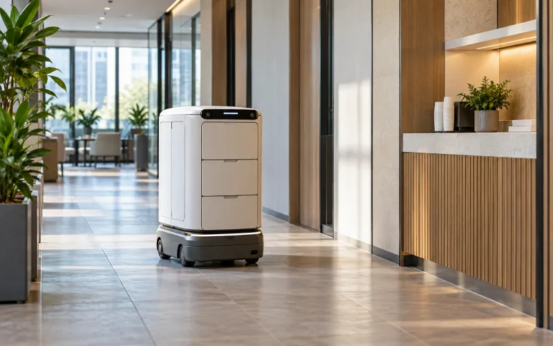 Enclosed delivery robot in an office corridor — illustrative setting