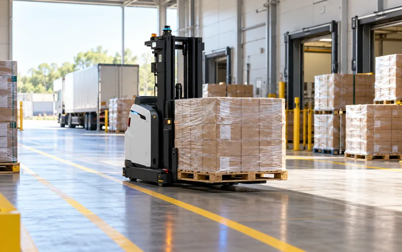 Autonomous forklift moving finished goods — illustrative setting