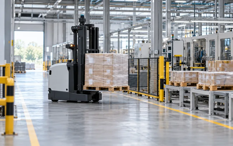 Autonomous forklift at a line-side buffer — illustrative setting