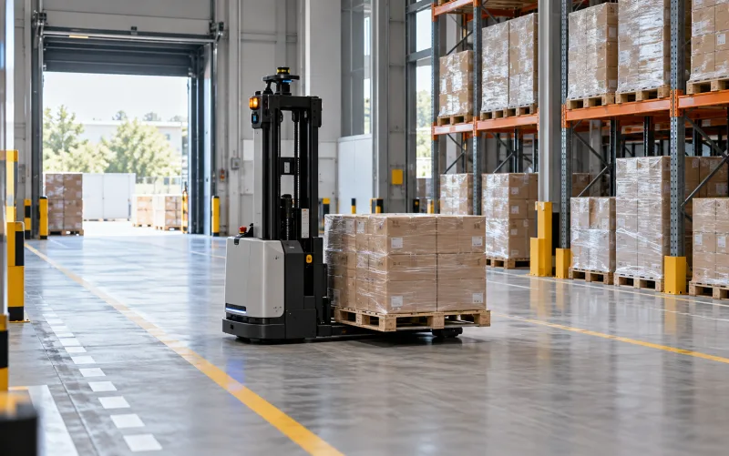 Autonomous forklift in a receiving buffer — illustrative setting