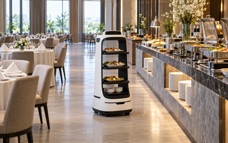 Tray-serving robot in a banquet service aisle — illustrative setting