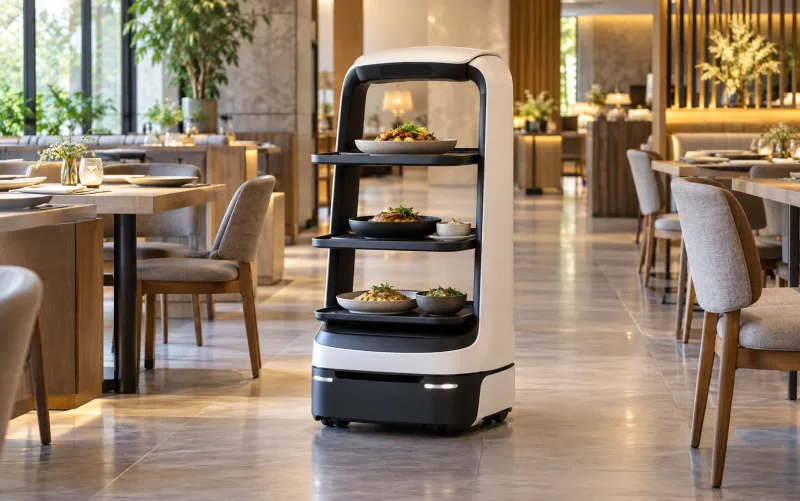 Tray-serving robot beside restaurant tables — illustrative setting