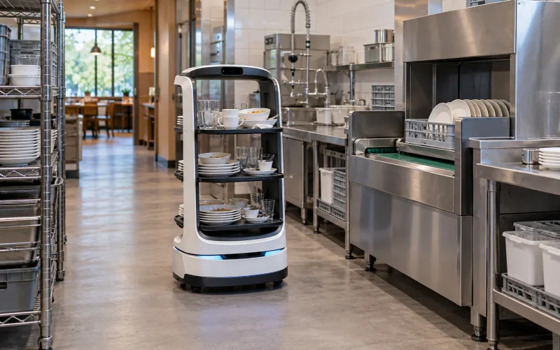 Serving robot at a dish-return station — illustrative setting