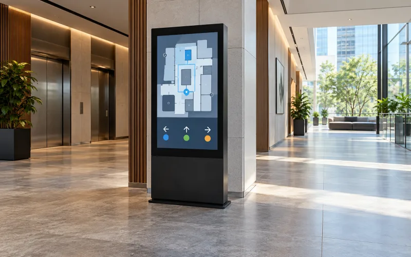 Corridor junction with wayfinding display — illustrative setting