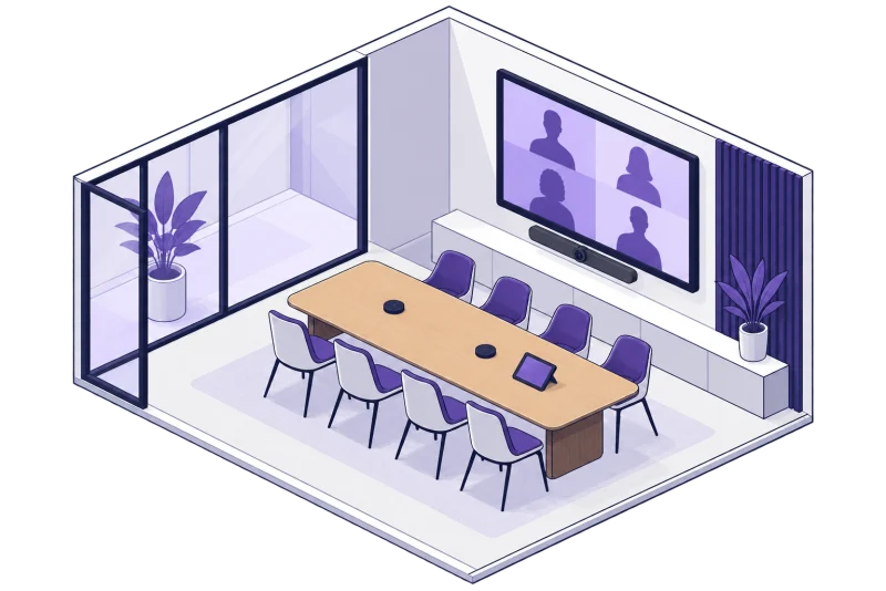 ภาพวาดห้องประชุมพร้อมกล้อง ไมโครโฟน และจอประชุมทางไกล