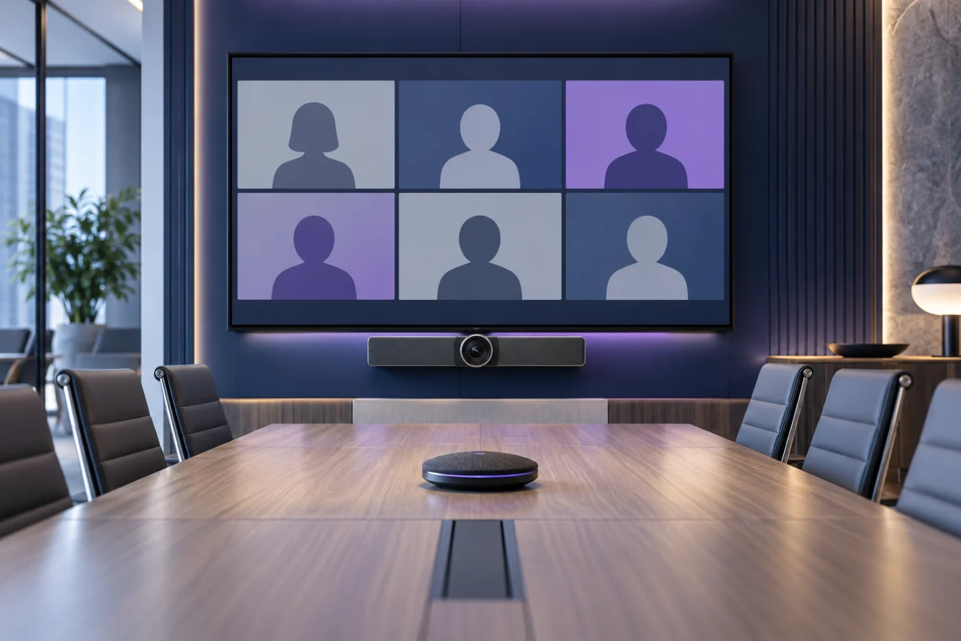Concept meeting room with display, video bar camera and microphone